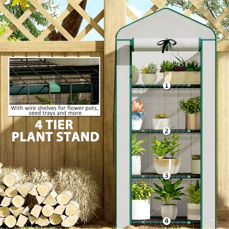 White Steel PE Cover 4-Tier Mini Greenhouse with Roll-Up Zipper Door