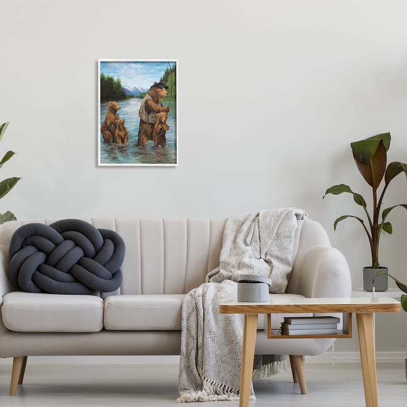 Stupell Brown Grizzly Bear Family Fishing Mountain Lake Landscape Framed Wall Art