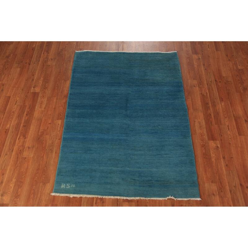 Blue Striped Modern Gabbeh Oriental Rug Hand-Knotted Wool Carpet - 3'6" x 4'10"