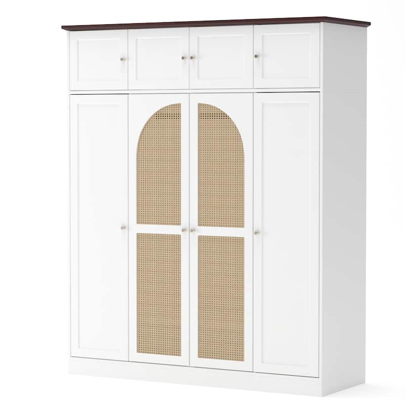 70.87" 8-Door Large Capacity Armoire Wardrobe Closet with Hanging Rod, Adjustable Shelves and Rattan Decorative Doors