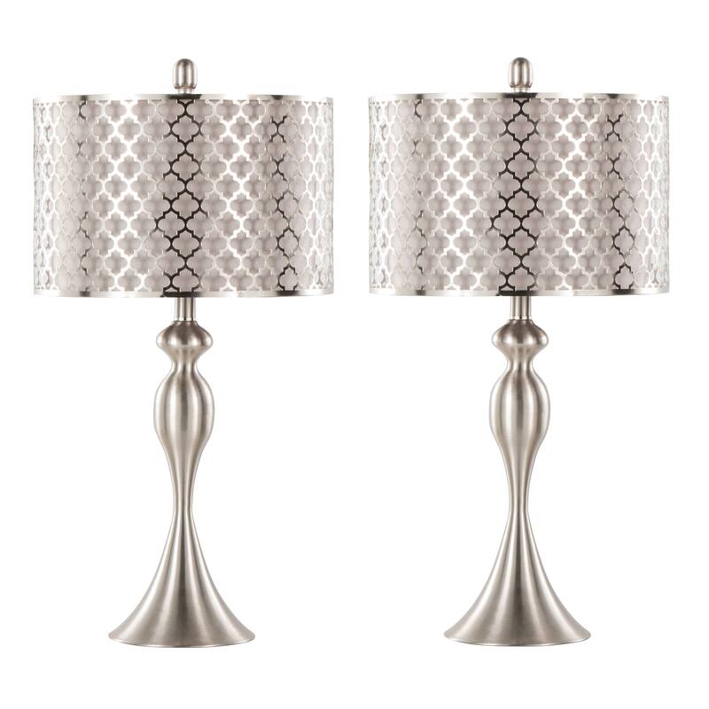 Ashland 27" Metal Table Lamp with Laser Cut Detail (Set of 2) - 27 - Brushed Nickel/Grey Textured Linen