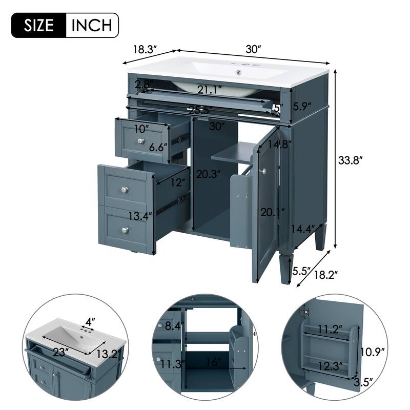 Modern 30" Bathroom Vanity, Single Sink with 2 Drawers, Tip-Out Drawer & Soft-Close Cabinet for Bathroom Storage