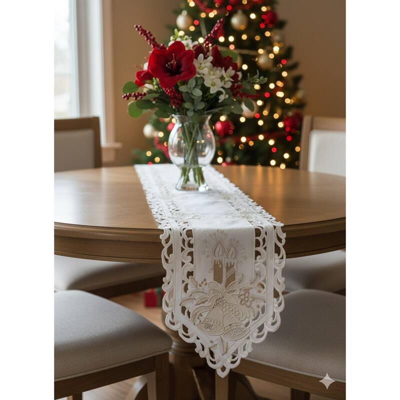 Christmas Candle Beige Lace Embroidered Cutwork Rectangular Table Runner, 15 by 43 inch