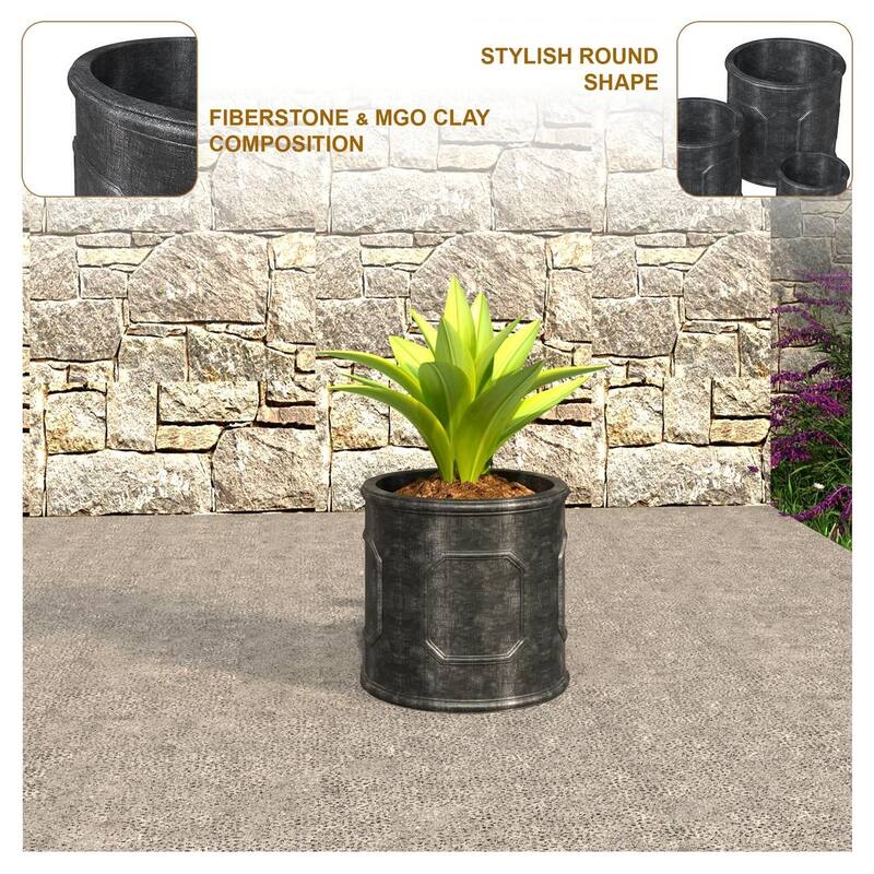 Meadow Classic Round Fiberstone and MGO Clay Planter with Drainage for Indoor Outdoor Home Office Yard Patio Fully Assembled