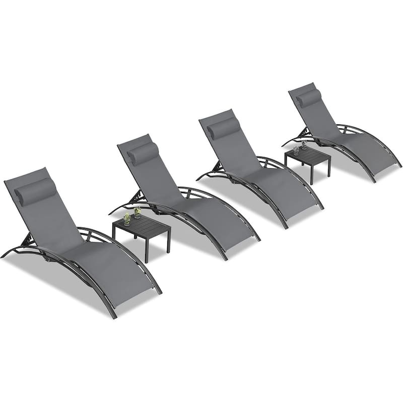 PURPLE LEAF Patio Chaise Lounge Set Outdoor Beach Pool Sunbathing Lawn Outside Chairs with Side Table Included - Grey 4PC