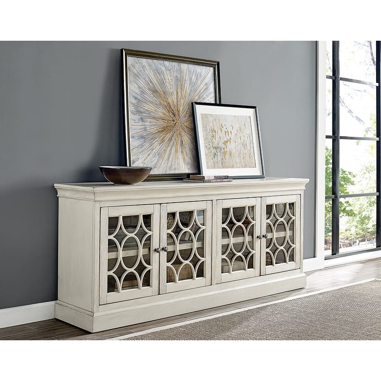 Rustic 72" Four Door TV Console, Entertainment Stand, Wood Accent Cabinet, Fully Assembled, White