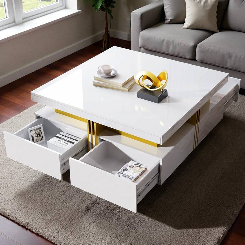43.3" Modern Glossy Square Coffee Table with 4 Storage Drawers, High Gloss MDF Center Table for Living Room
