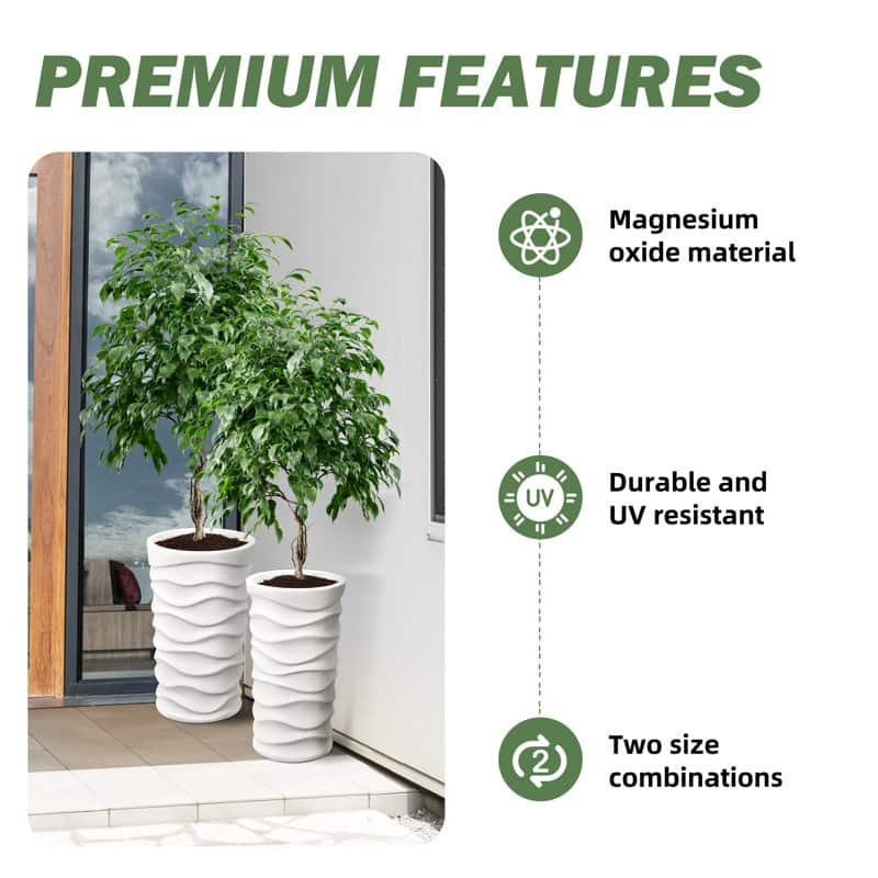 Modern Tall Planters – Set of 2, Stylish MgO Flower Pots for Indoor/Outdoor, White/Black - N/A