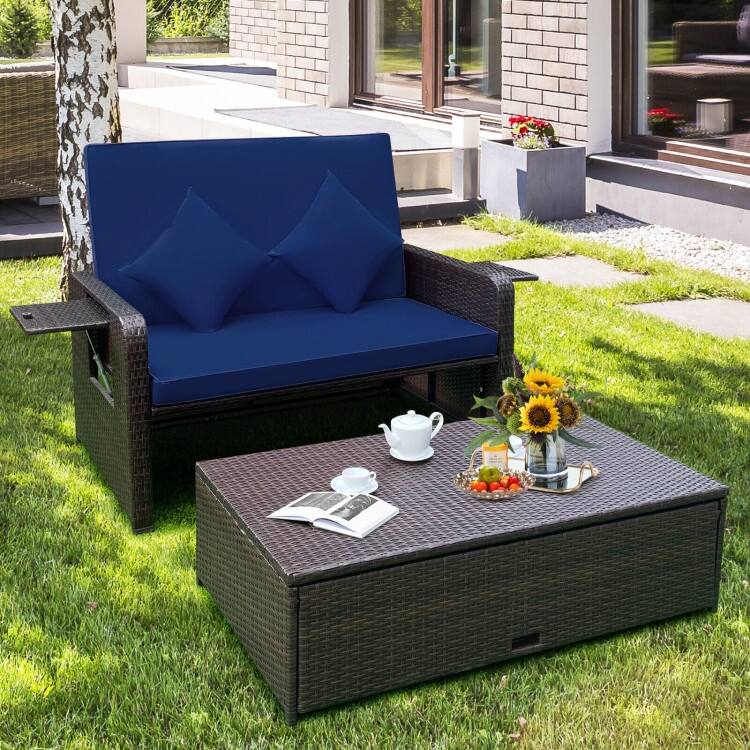 Patio Rattan Daybed with 4-Level Adjustable Backrest and Retractable Side Tray - 31" x 67" x 36"