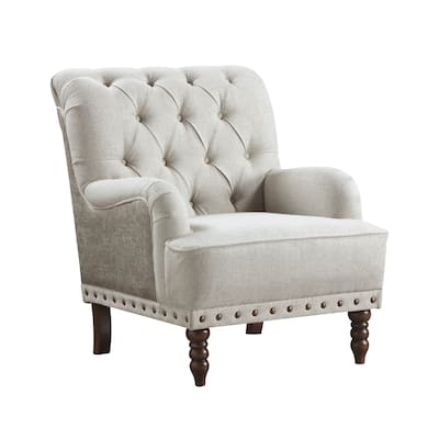 Zeya Accent Armchair, Button Tufted Beige Textured Polyester, Brown