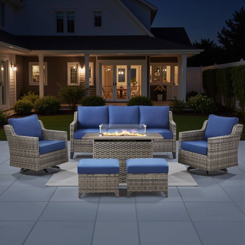 Pocassy 6 Pieces Outdoor Sofa Siwvel Chair Ottoman w/ Fire Table - Blue Cushion Gray Wicker - 6-Piece Sofa Siwvel Chair Ottoman w/ Fire Table