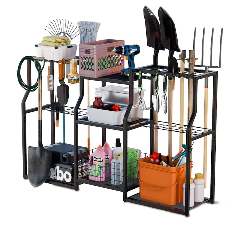 Freestanding Garden Tool Organizer Stand Workshop Garage Storage Rack with Slots - Black