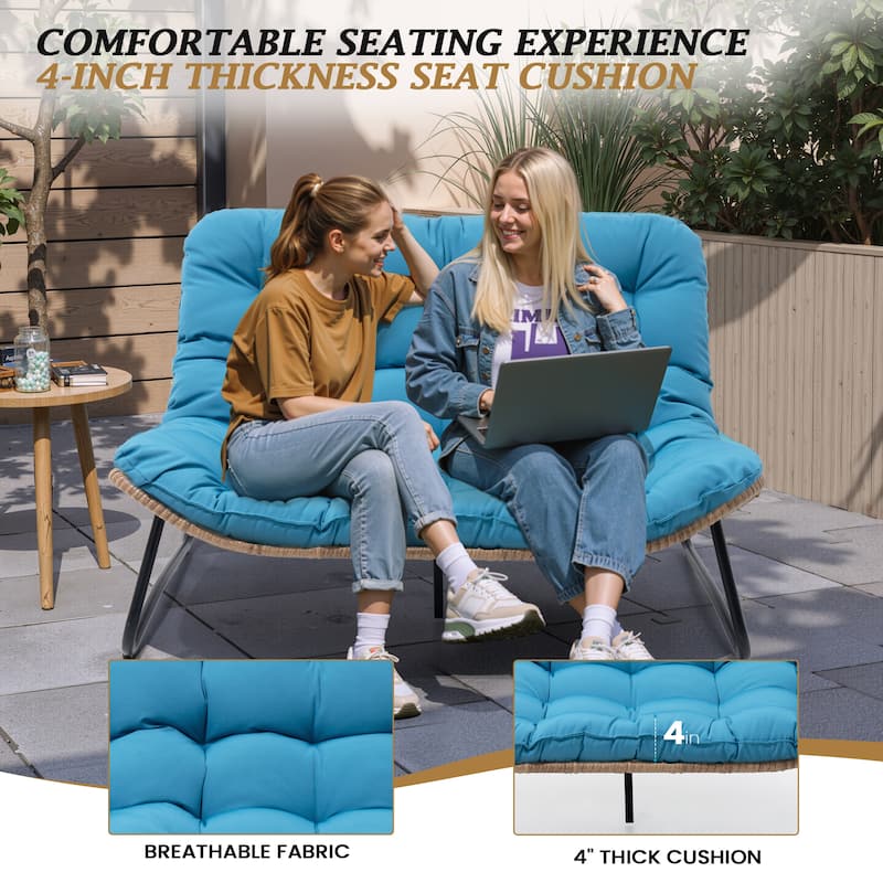 VredHom PE Rattan Double Papasan Chair Loveseat with Cushion for Indoor Outdoor
