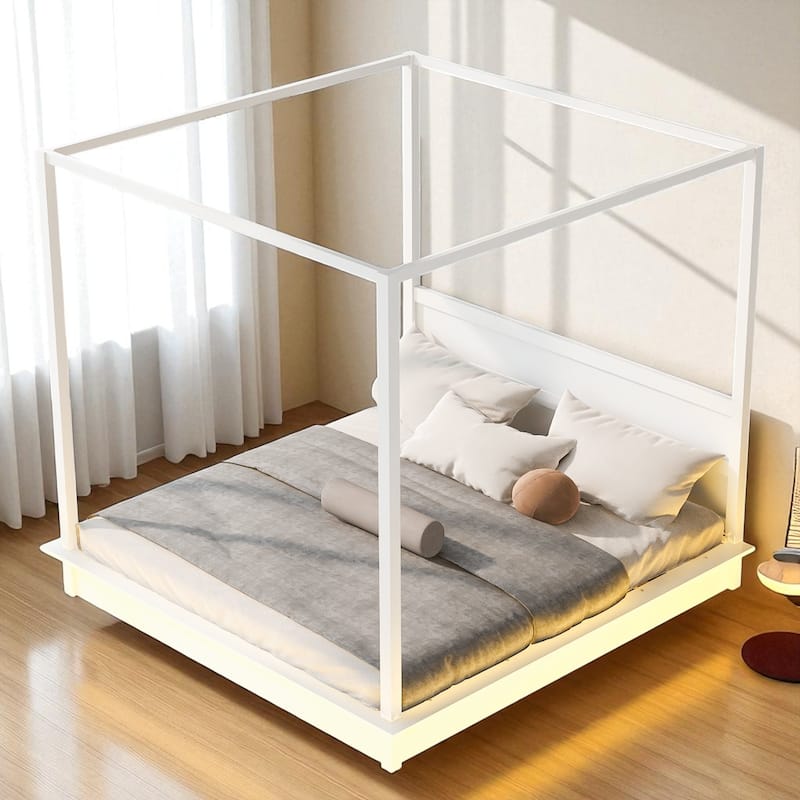 Queen/King White Wood Canopy Platform Bed with LED Lights and Slats, Modern Bedroom Frame No Box Spring Needed - White - King