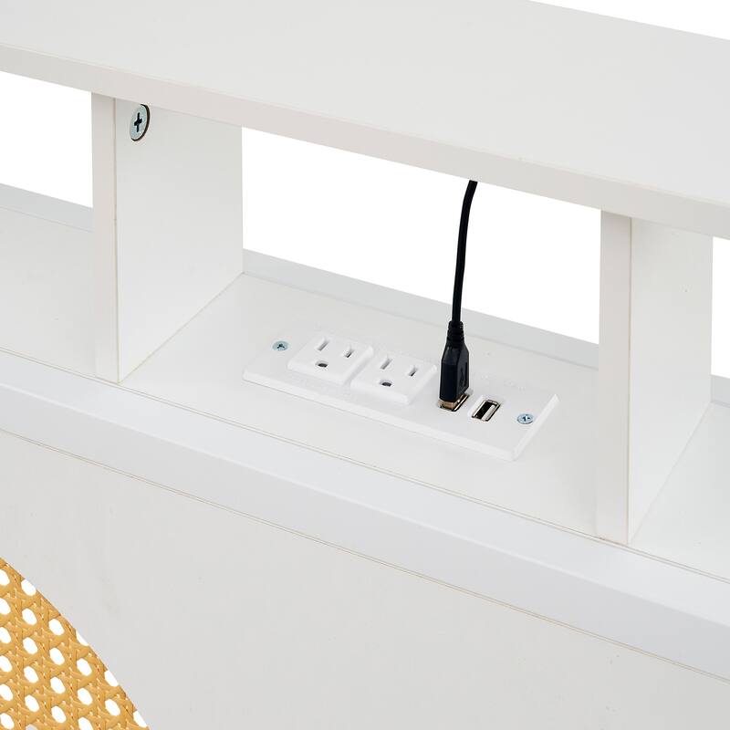 Twin Bed Frame with Under-bed Storage Space, Rattan Headboard Platform Bed with LED & Charging Station