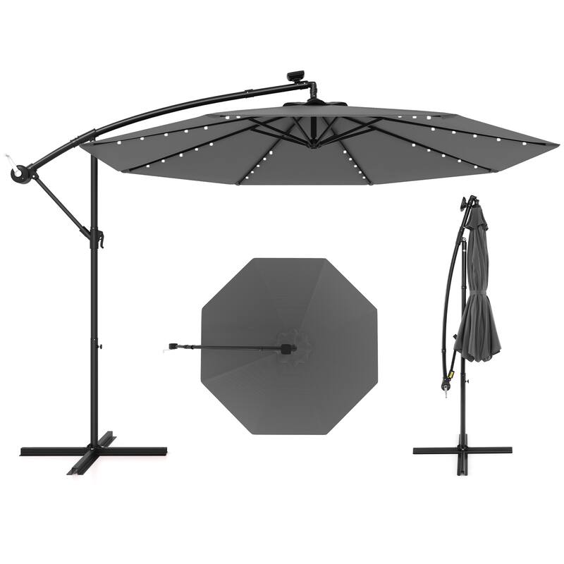 Gymax 10 Ft Solar LED 40 Lights Offset Umbrella Crank Cross Base Patio - Grey