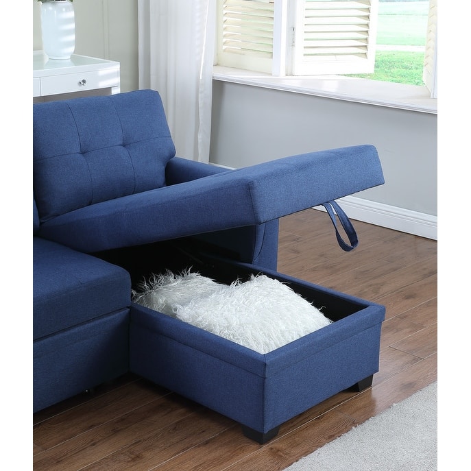 Solid Wood Frame Linen Reversible Sleeper Sectional Sofa with Storage Chaise