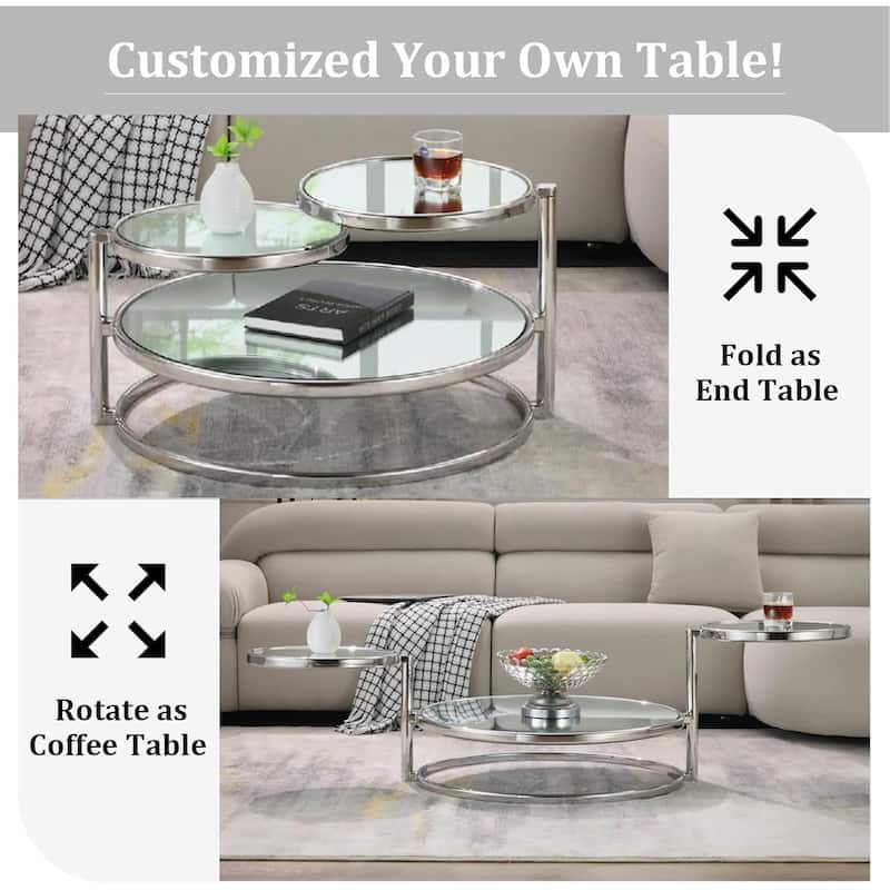 Round Coffee Table 30 inch Motion Tempered Glass Coffee Table with 3 Tier 360 Degree Swivel Top