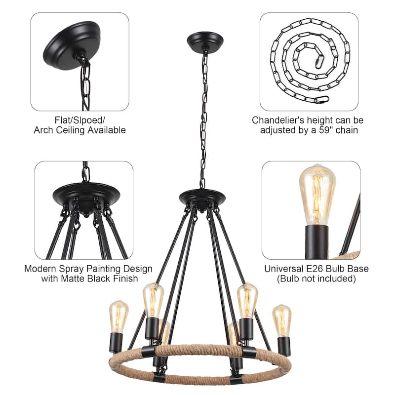 6-Light Farmhouse Chandelier, Modern Wagon Wheel Chandelier for Dining Room Living Room Bedroom Kitchen - W22.83"x H23.26"