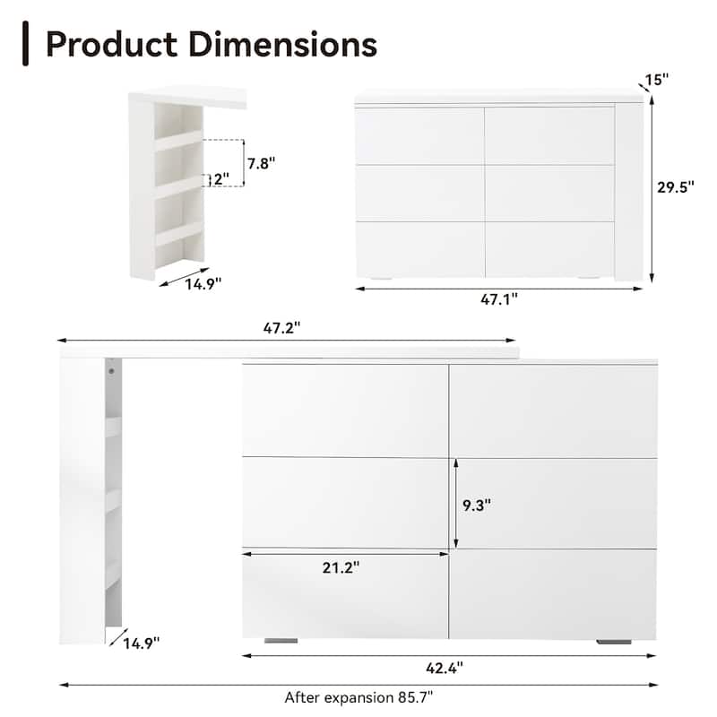 L-Shaped Makeup Vanity Table Extendable Desk 6 Drawers Dresser for Bedroom Dressing Room