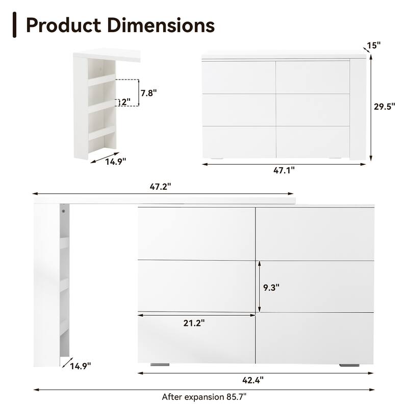 White Minimalist Desk with Removable Desktop, 6 Drawers and 3 Storage Compartments for Home Office