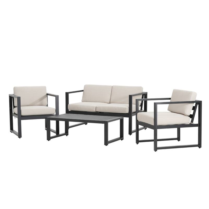Roomfitters Outdoor Chat Set 4 Piece Aluminum Frame Cushioned Seating Coffee Table, Black Beige