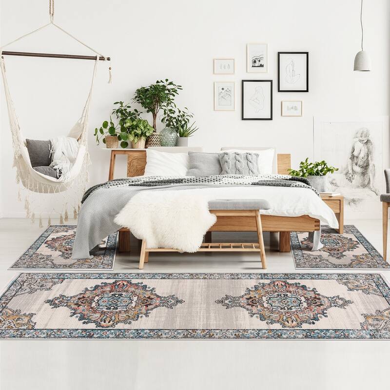 Traditional Persian Bordered Ikat Turquoise Ivory Orange Area Rug