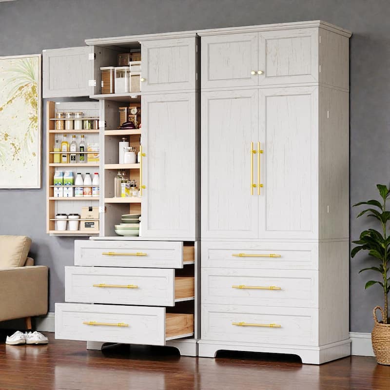 78.2" Farmhouse Kitchen Pantry Cabinet with 8 Door Shelves, 3 Adjustable Shelves and 3 Drawers for Kitchen & Dining Storage