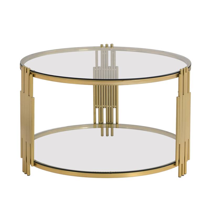 Modern Mirror Coffee Table, Asymmetrical Metal, Circular Metal Drum Base, Gold Finish & Lower Shelf