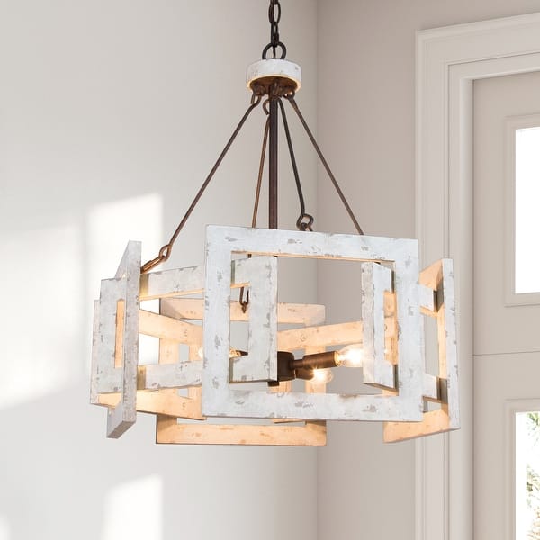 slide 2 of 14, Coastal Rustic 4-light Drum Kitchen Island Chandelier Cottage Wood Ceiling Lights Dining Room Foyer - D 20'' x H 83.5'' D 20'' x H 83.5'' - Distressed White Wood