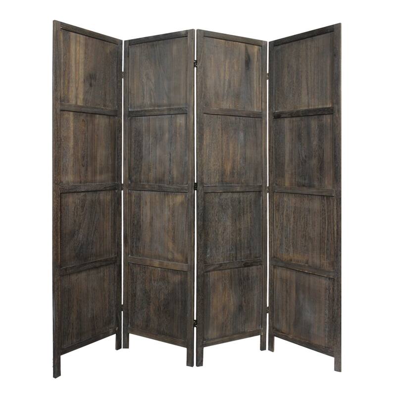 HomeRoots 79" Brown Solid Wood Folding Four Panel Screen Room Divider - 79' X '79' X '1