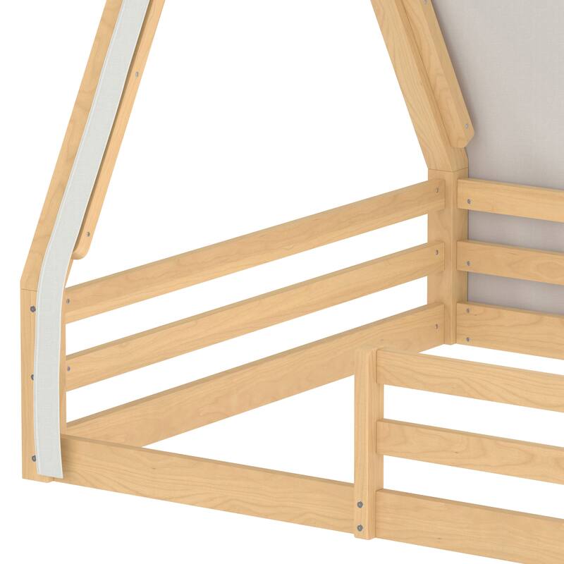 House Floor Bed with Tent and Light Montessori Kids Wood Bed Frame