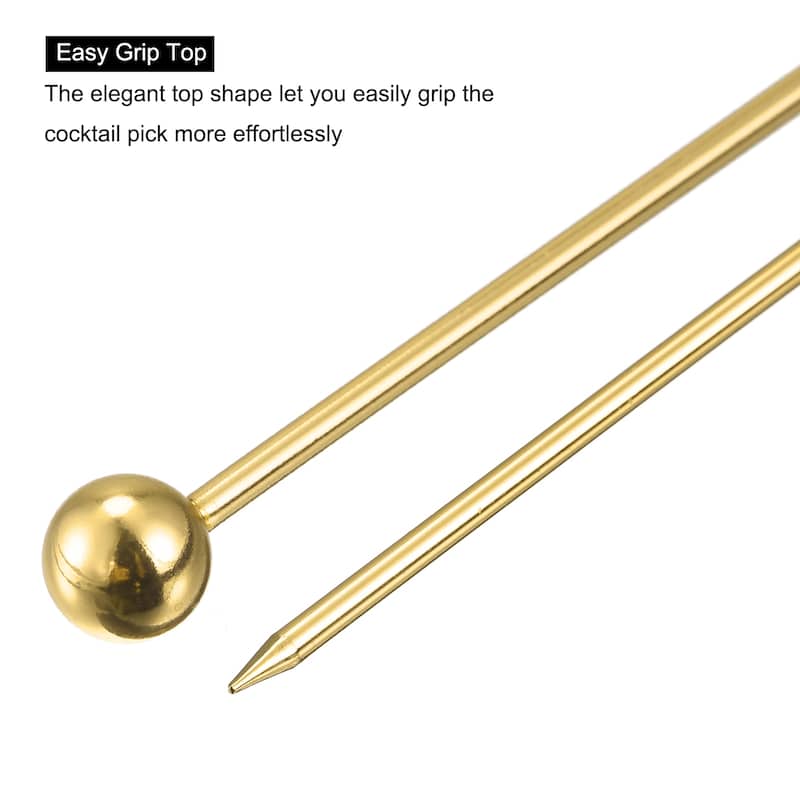 Metal Cocktail Picks 5Pcs, Reusable Cocktail Toothpick Ball Shape - Gold - 11 cm/ 4.3 inches