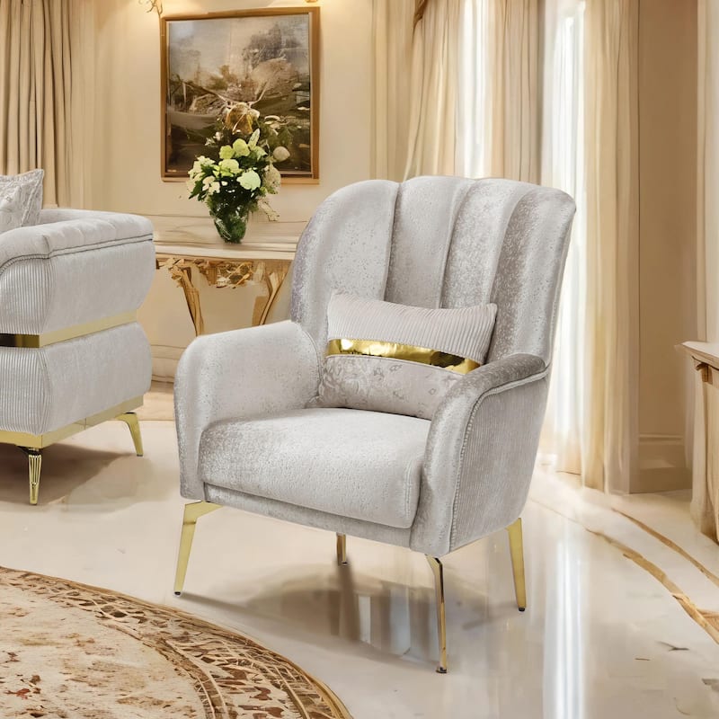 Furniture of America Sawer Glam Beige Upholstered High Back Arm Chair with Stainless Steel Frame - Beige