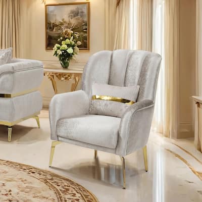 Furniture of America Sawer Glam Beige Upholstered High Back Arm Chair with Stainless Steel Frame