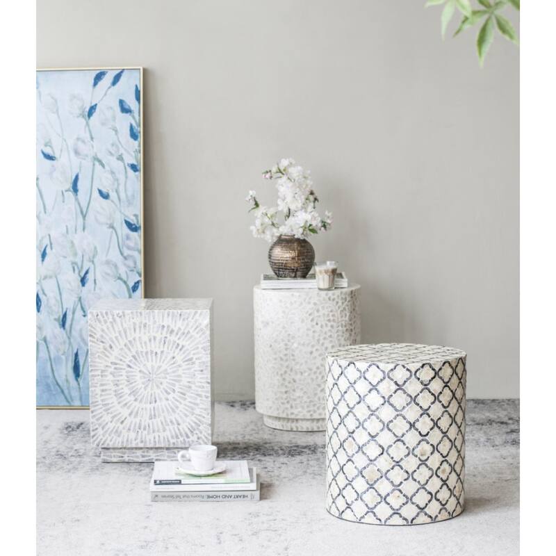 Round Capiz Shell Inlay Accent Stool - 17.75" - White