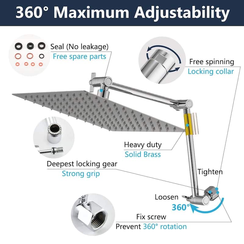 Bathlet 10" Rainfall Shower Head And 16" Adjustable Extension Arm Combo