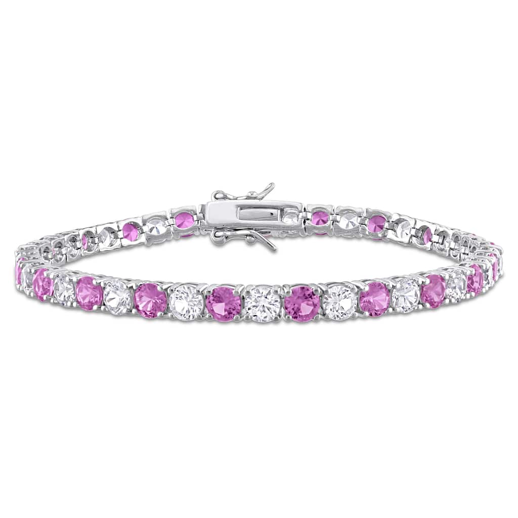 Miadora 14 1/4ct TGW Created Pink & White Sapphire Bracelet in Sterling Silver