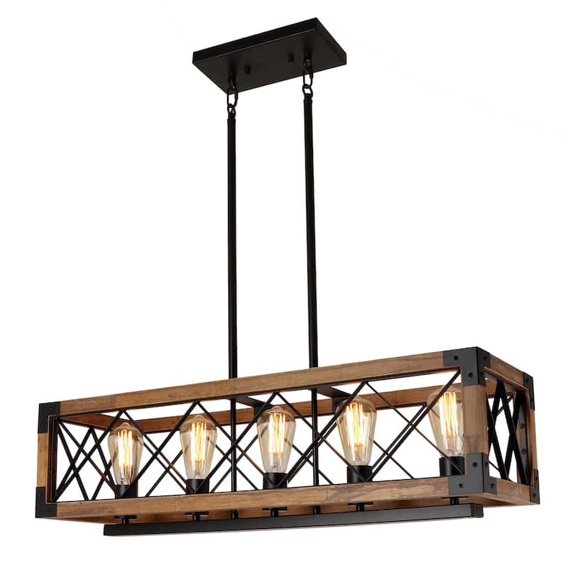 Modern Farmhouse 5-Light Wood Rectangle Chandelier Cage Island Lights for Dining Room - 31.6"L x 10" W x 7.8" H