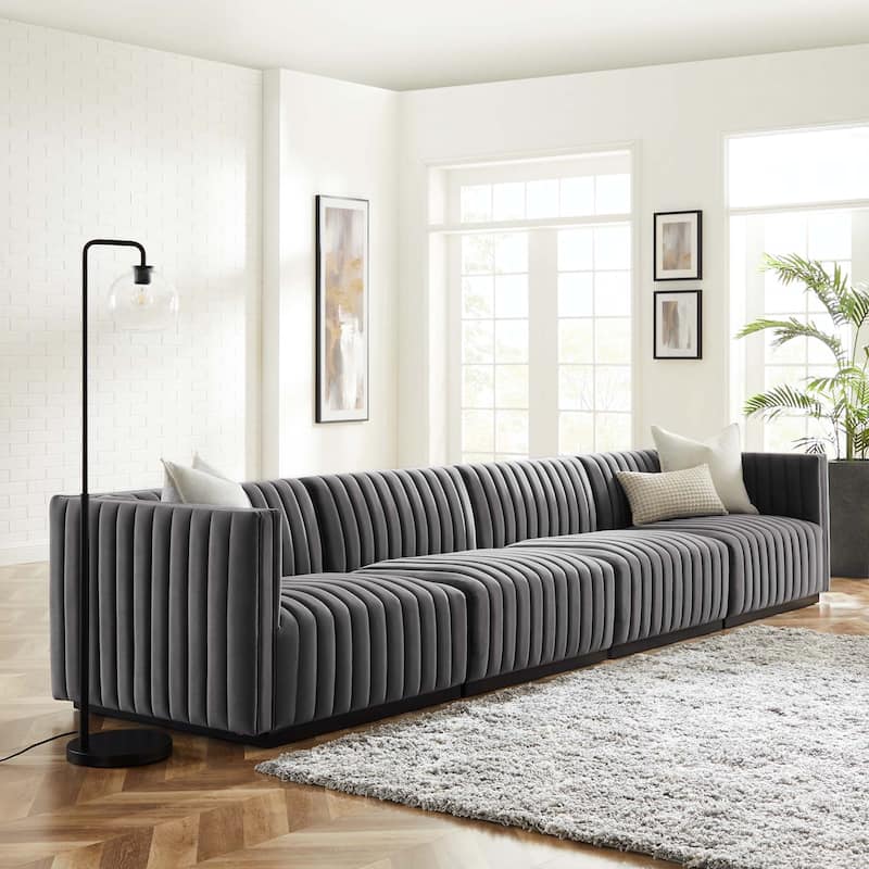 Conjure Channel Tufted Performance Velvet 4-Piece Sofa - Black Gray
