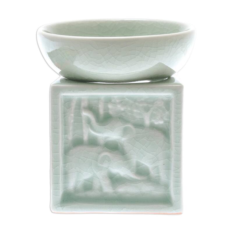 Novica Handmade Elephant Jungle Celadon Ceramic Oil Warmer