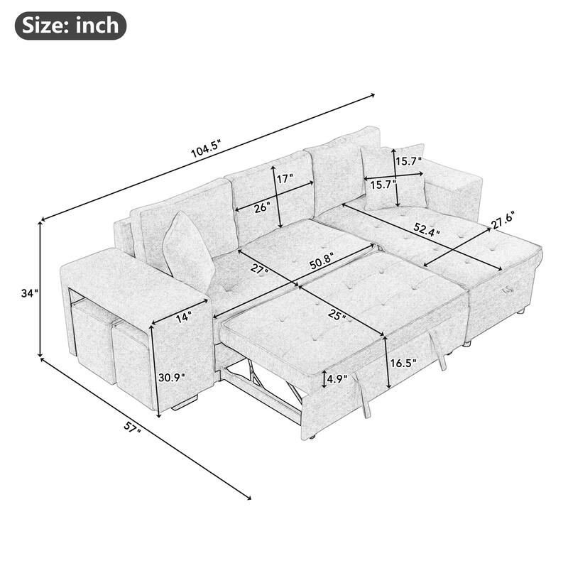 L-Shape Reversible Sectional Sofa with Storage Chaise and 2 Stools