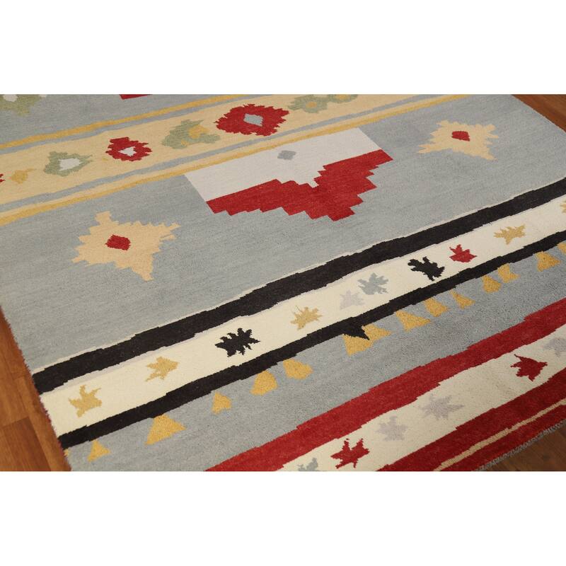 Hand Knotted Oriental 100% Wool Carpet Modern Geometric Greys & Charcoal Gabbeh Area Rug - 9' 2'' X 6' 0''