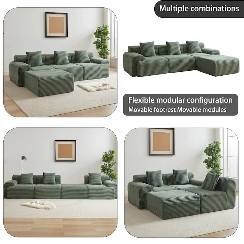 114" Corduroy Modular Sectional Sofa, Boneless Design with 4 Configurable Modules, Wide Backrest & 3 Pillows, No Assembly