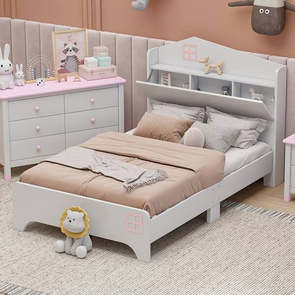 slide 2 of 9, White House Platform Bed with Storage Headboard, Funny Design Twin - White