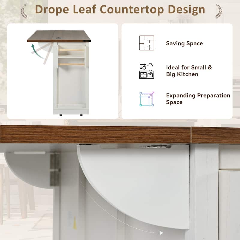 53.7" Kitchen Island, Power Outlet, 2 Sliding Barn Door Kitchen Storage Island， Drop Leaf, Rack Rolling Kitchen Cart on Wheels