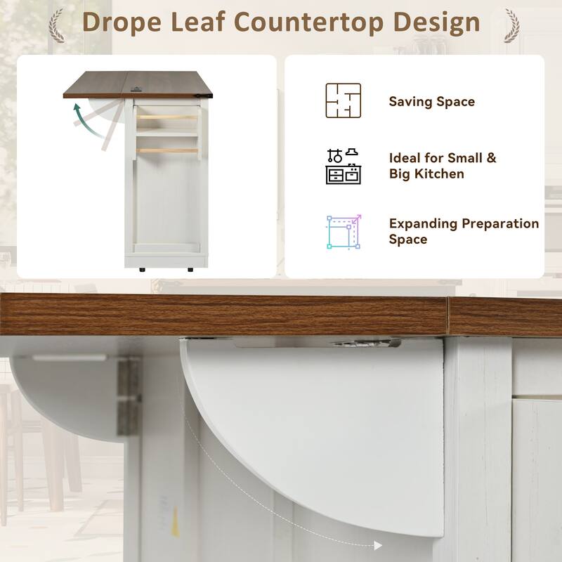 Roomfitters 53.7" Farmhouse Kitchen Island with Power Outlet, 2 Sliding Barn Door Kitchen Storage Island with Drop Leaf