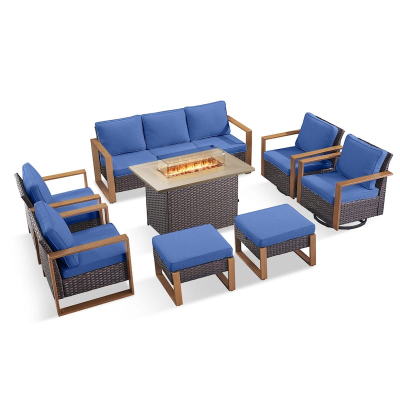 Pocassy 8 Pieces Outdoor Sofa Chair Ottoman with Fire Pit Table Set