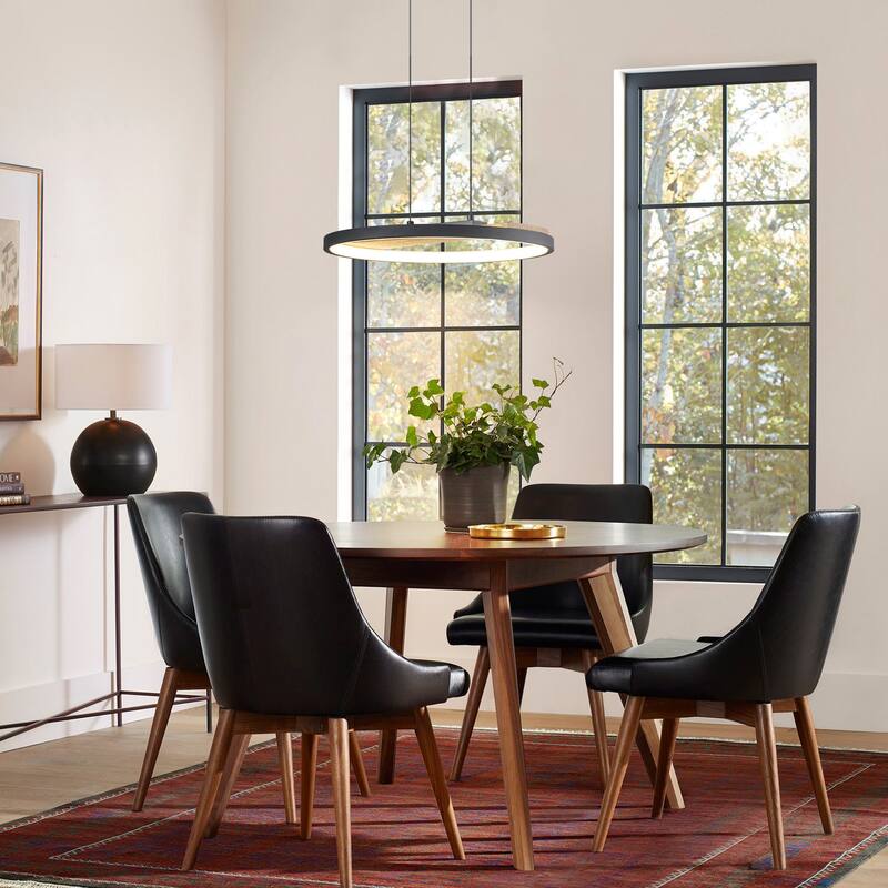 1-Light Modern Black Round Wheel Wood Integrated LED Pendant Light for Dining Room - 15.7 in. W x 81.1 in. H