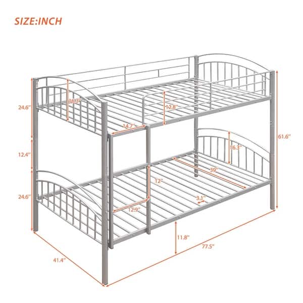 dimension image slide 1 of 3, Space-Saving Twin Over Twin Metal Bunk Bed with Guardrails and Ladder, Convertible to Two Beds